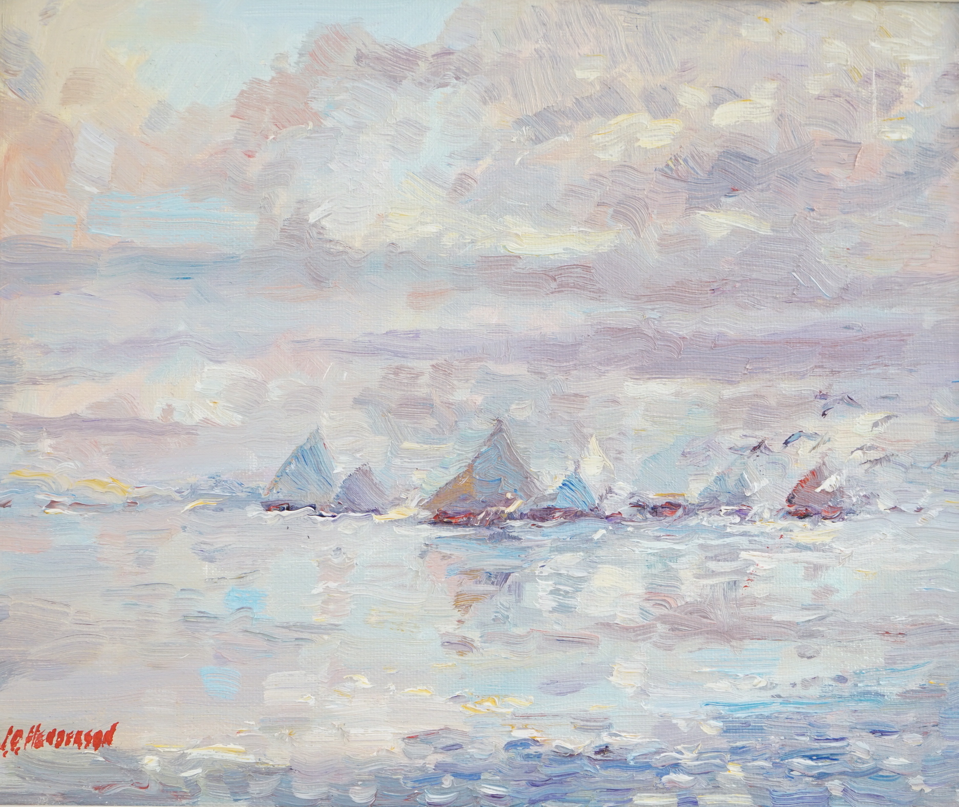 Joseph Donald Henderson (Scottish, 20th. C), oil on card, 'Sails', signed, label verso, 25 x 30cm